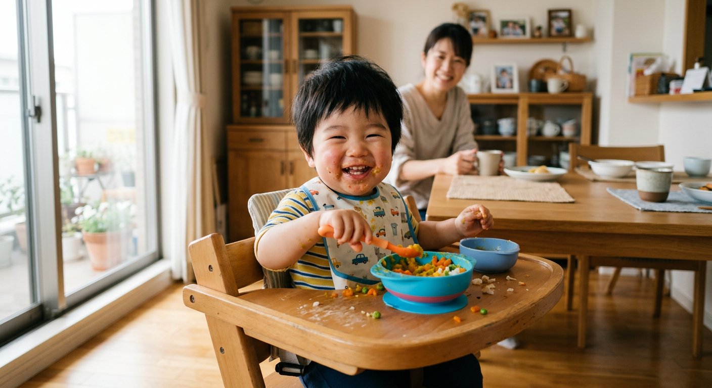 ハイチェアで嬉しそうに食事する幼児のイメージ